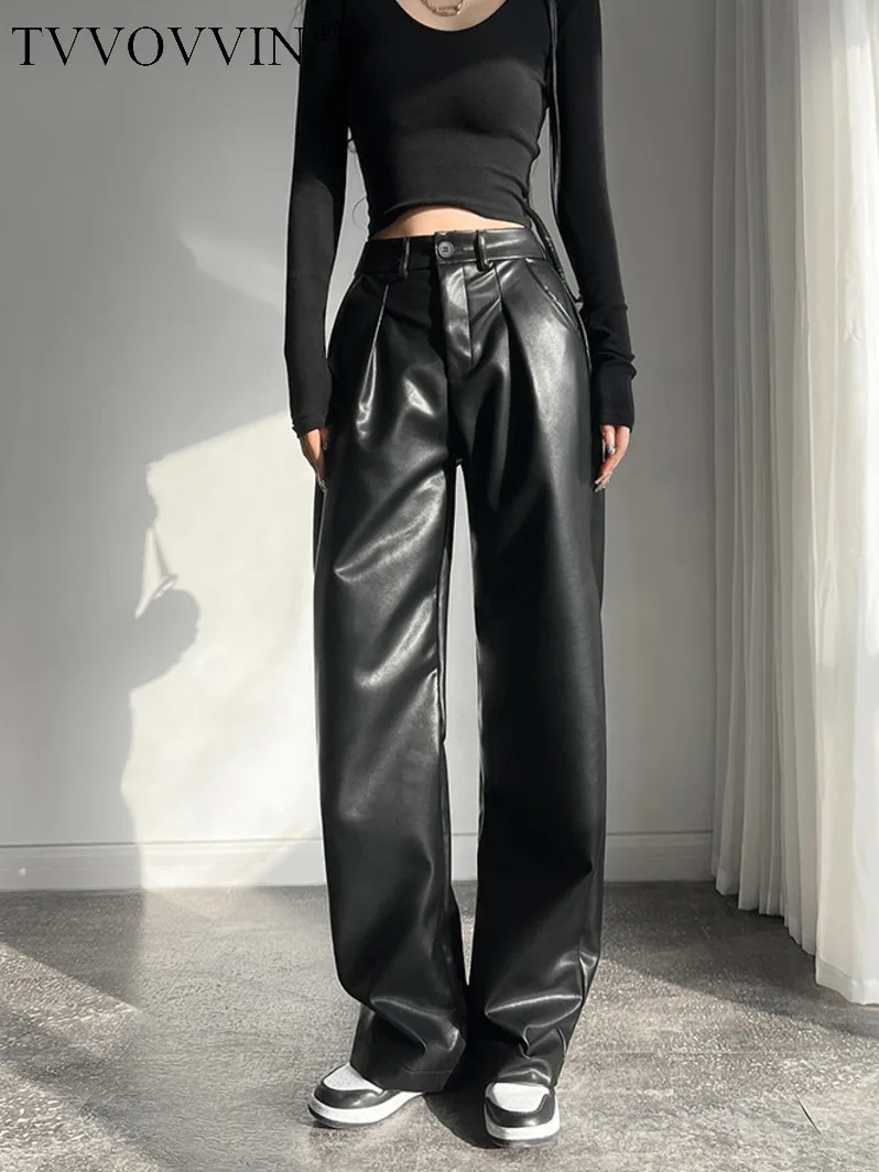

TVVOVVIN Spear Black PU Leather Straight Casual Pants Women American High Waist Loose Slim Wide Leg Leather Pants Sweet 9NKJ