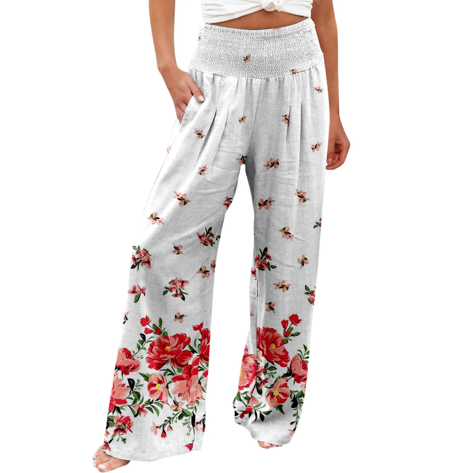 Vintage Floral Print Pants Women 2023 Summer Cotton Linen Elastic Waist Wide Leg Trousers Casual Pockets Loose Long Beach Pants
