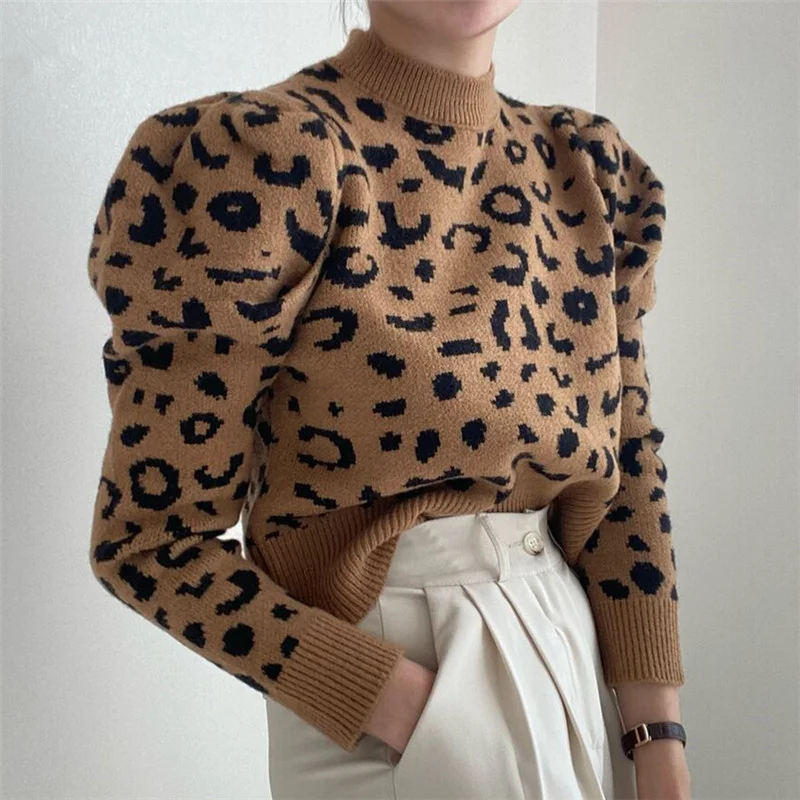Женский свитер с леопардовым принтом шорты повседневный пузырьковый наплечный