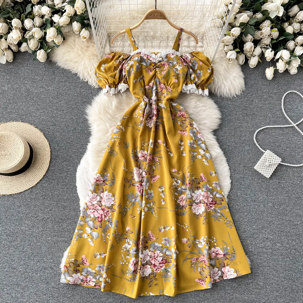 

D568 Women New Fashion Summer Slash Neck Holiday Beach Floral Print Short Sleeve Slim A-line Dress Elegant Clothes Vestidos