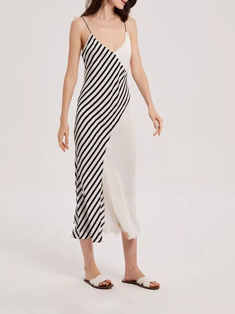 

23 New Women's Style Sexy Open Back Sleeveless Strap Striped V-Neck Waist Dress