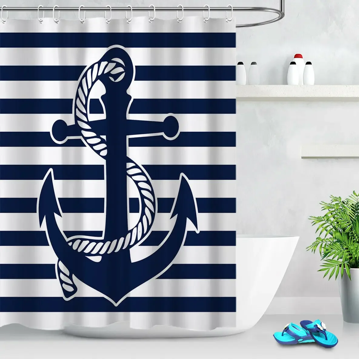 Водонепроницаемая тканевая занавеска для душа с рисунком якоря и полосы ванной