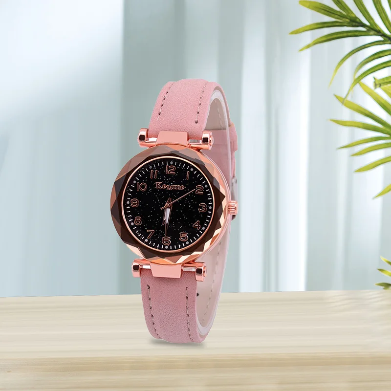 

Roze Sterrenhemel Heldere Vrouwen Horloge Koreaanse Rose Goud Quartz Horloge Dames Horloge Mode Lederen-Riem Horloge