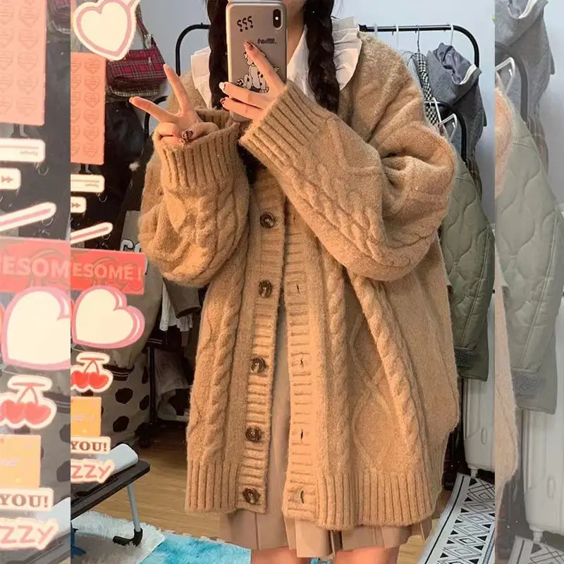 

Женский вязаный кардиган, повседневный Однотонный свитер с длинным рукавом, Свободный теплый свитер в Корейском стиле, Осень-зима 2022