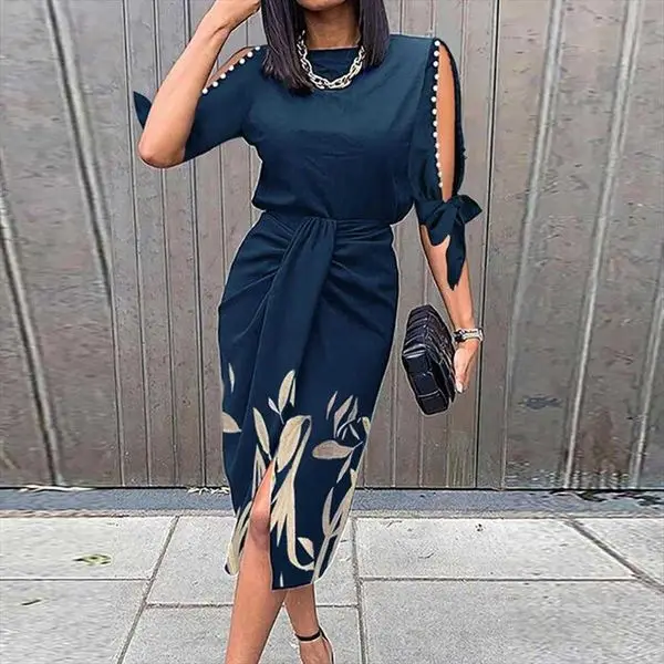 

Spring Womens Elegant Sexy Print Dresses Fashionable With Side-slit Slim