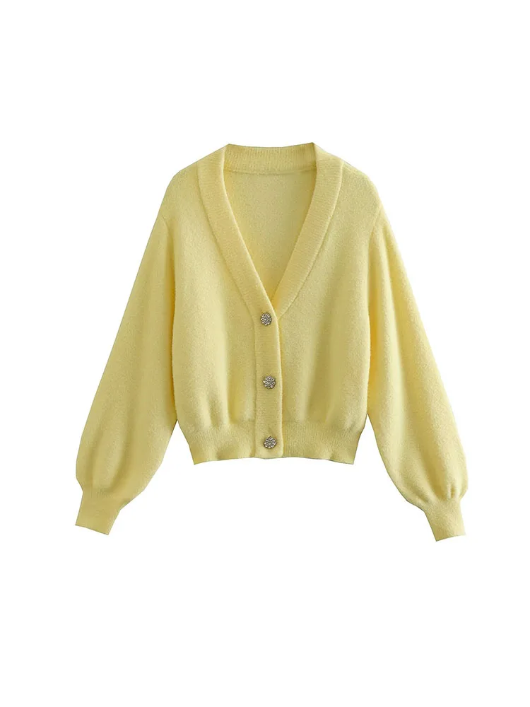 

PB&ZA2022 autumn and winter new women's chic V-neck faux gemstone button decorated fashion versatile knitted cardigan