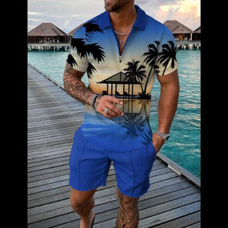 2022 New Summer Men Sport Suit 2 Piece Sets Short Sleeve Polo Shirt Men Short Pant Male Coconut Tree Casual Oversized Clothes