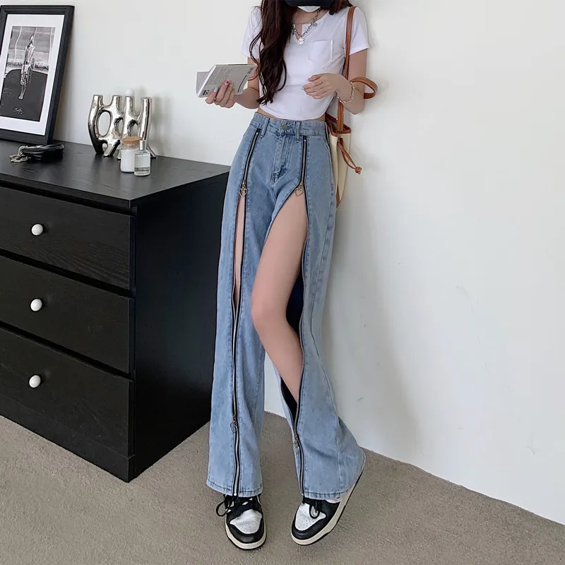 

2022 New Street Fashion High Waist Exposed Gothic Jeans Adjustable Zipper Jeans Stylish Female Straight Denim Trousers