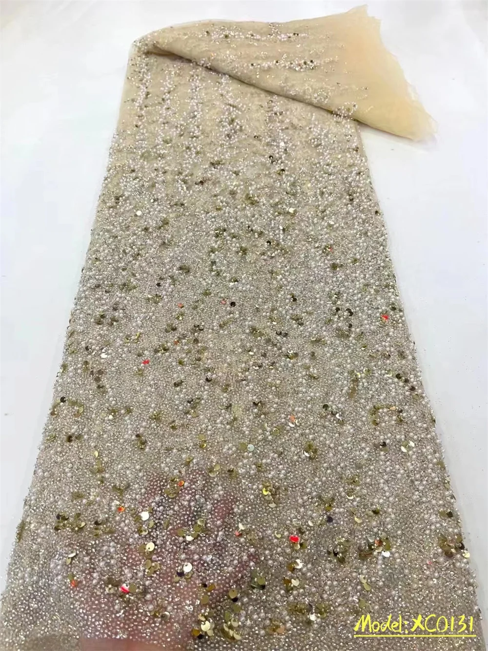 

Luxurious African Groom Sequins Lace Fabric High Quality 2023 Gold Beads Embroidery French Tulle Lace Nigerian Wedding Dress