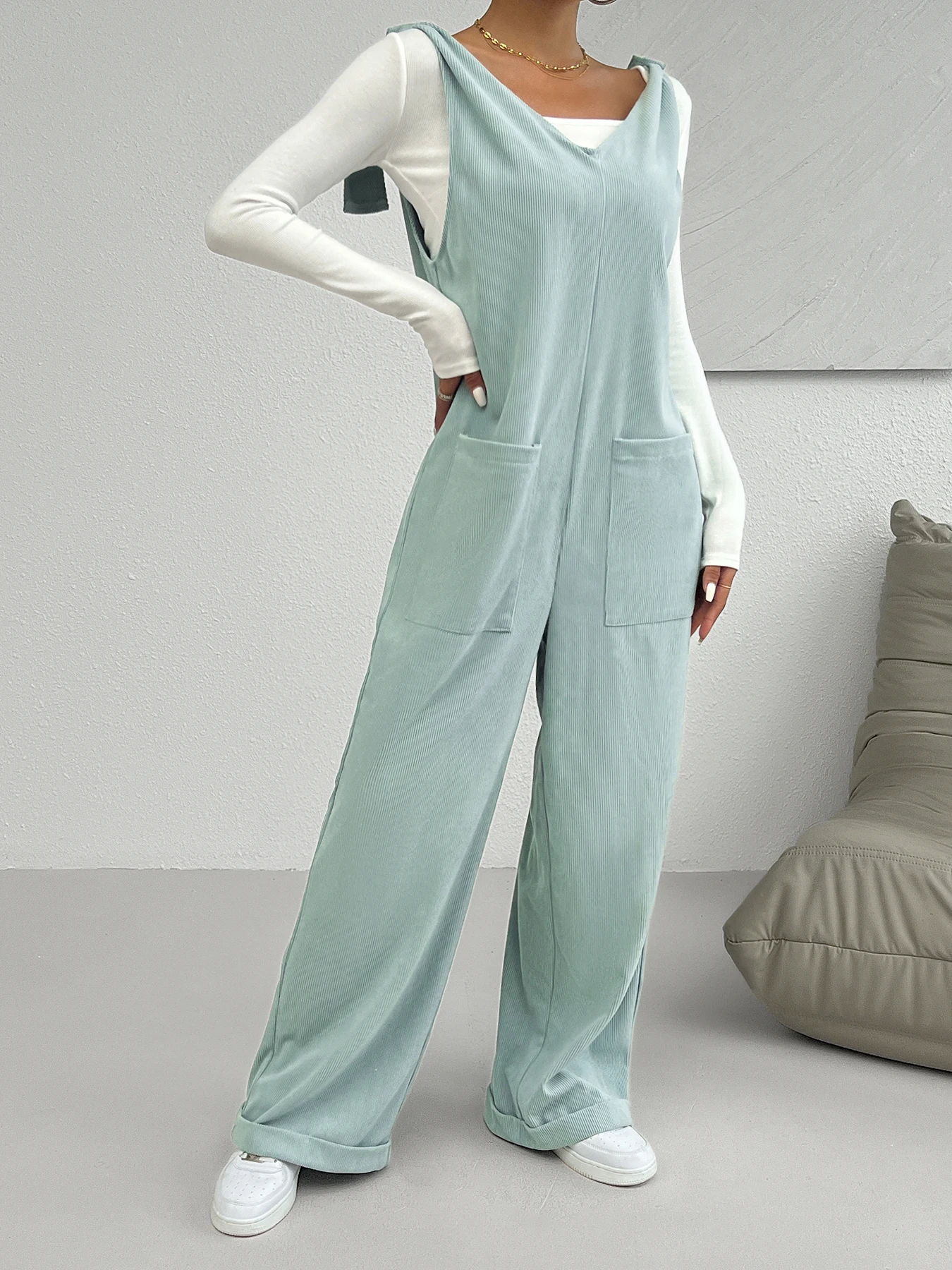 Женские Бархатные Комбинезоны Однотонные С Широкими Штанинами Повседневные В