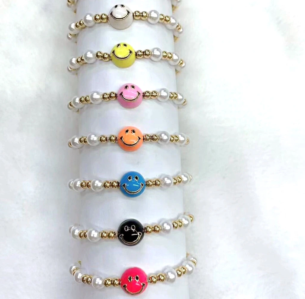 

6Pcs Bohemian Gold Copper Pearl Beads Bracelets Bangle Enamel Cute Smiley Face Charm Bracelet For Women Girly Daily Jewelry Gift