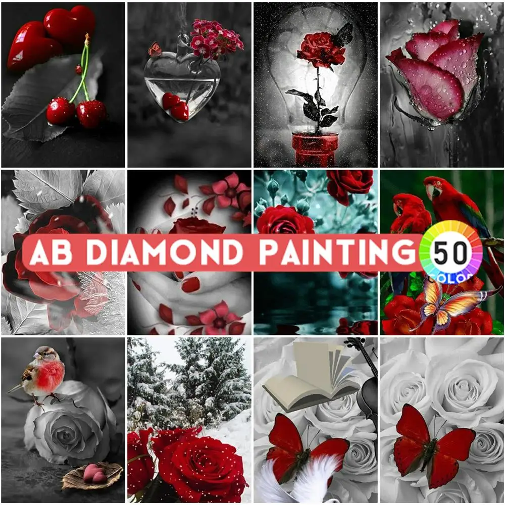 

Алмазная живопись AB drill, 5D Вышивка, роза, черные, белые цветы, мозаика ручной работы, хобби, настенные наклейки, Набор для творчества