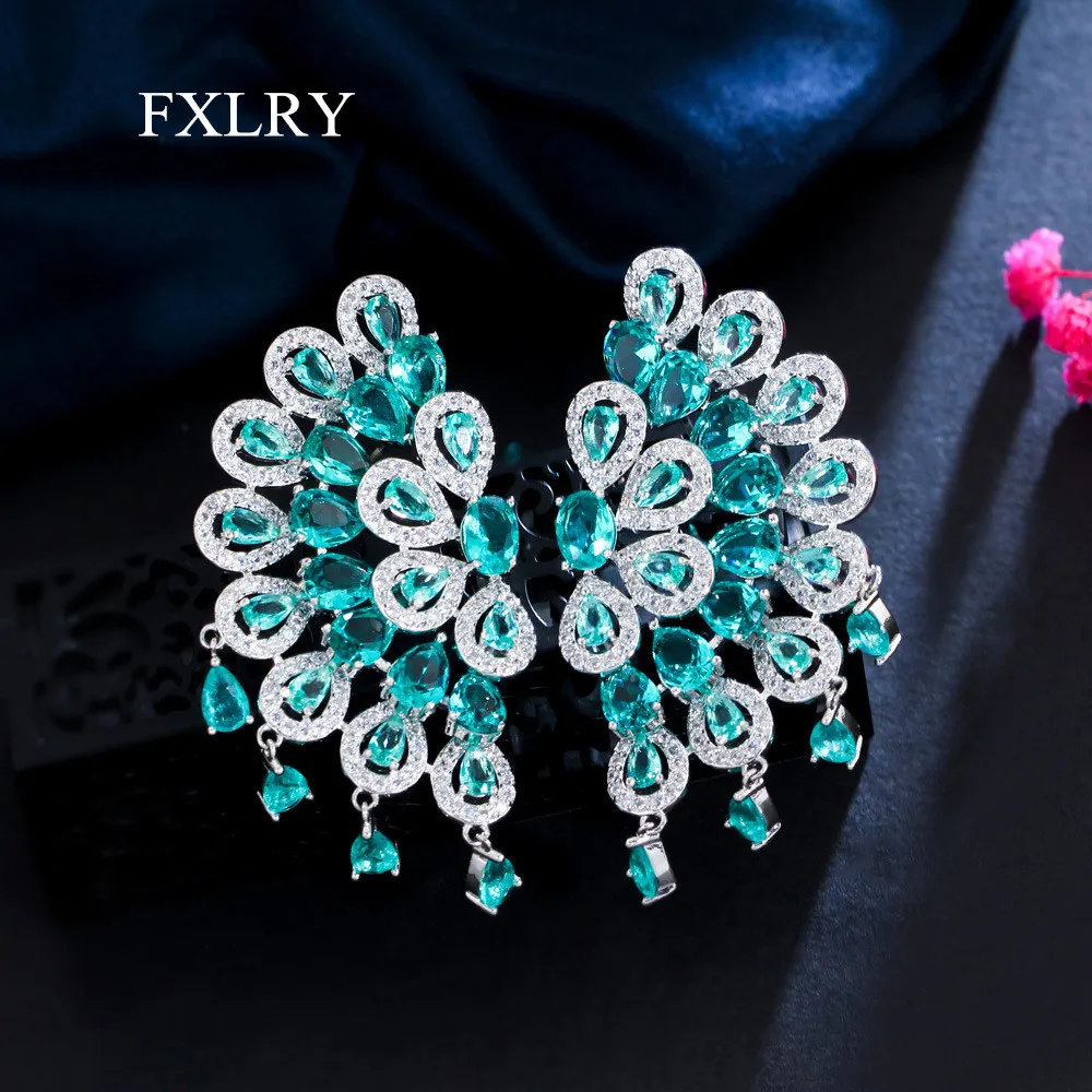 

FXLRY High Quality Chunky Peacock Tassel Drop Green CZ Big Fringed Earrings For Women Wedding Party Wear Fine Jewelry