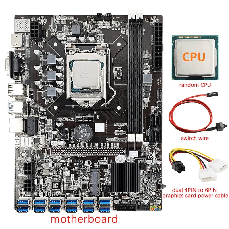 

B75 12 GPU BTC Mining Motherboard+CPU+Dual 4PIN To 6PIN Power Cable+Switch Cable 12X USB3.0(PCIE) LGA1155 DDR3 SATA3.0