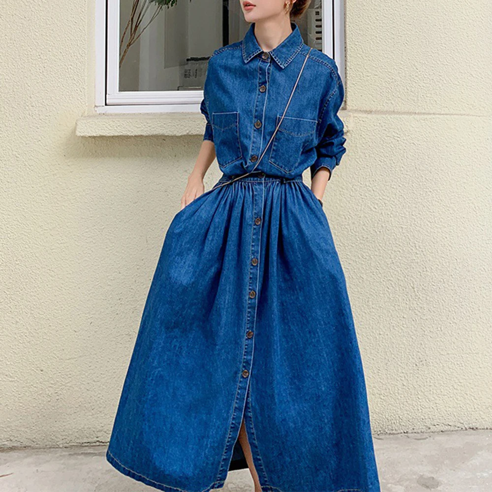 

Fashion Women Denim Dress Solid Color Long Sleeve Single-breasted Lapel Loose Summer Lady A-line Dress Elegant Chic Female Cloth
