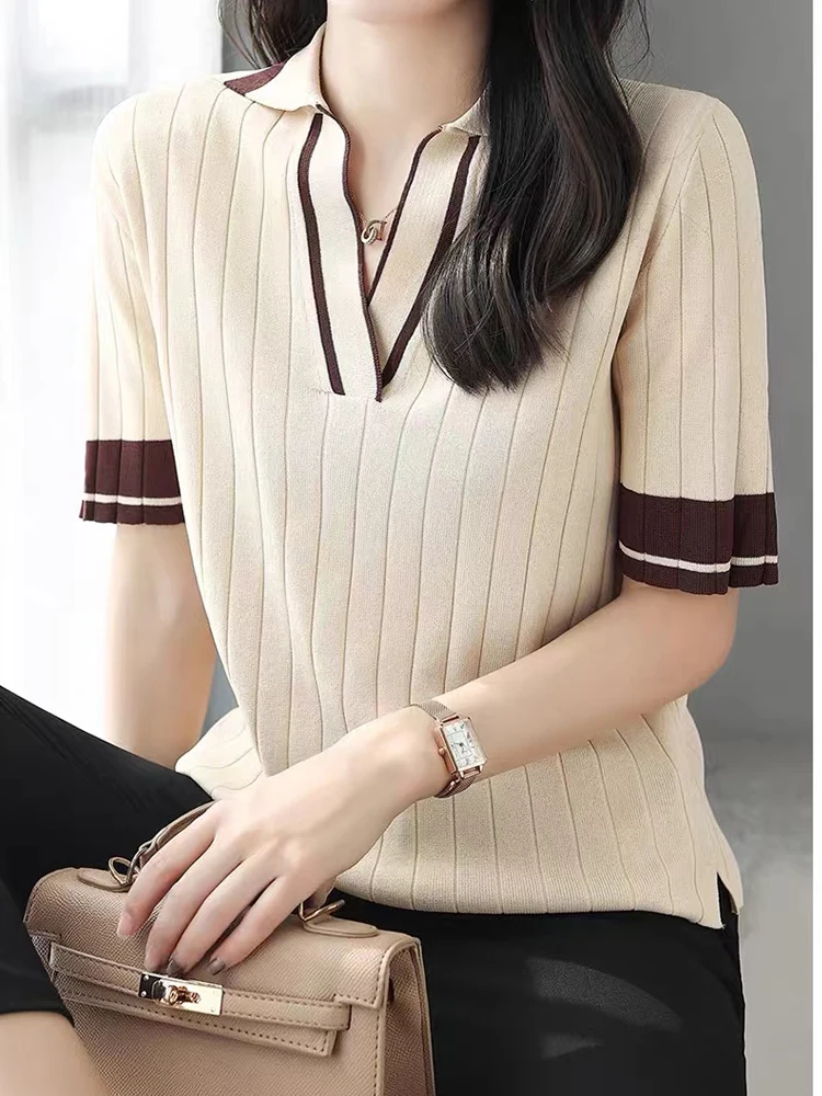 

Повседневная футболка 2022, летний свободный и тонкий свитер из вискозы контрастных цветов с короткими рукавами, модная женская одежда