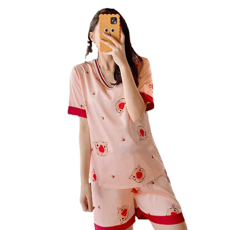 

Cute Silk Pajamas for Women Sweet Pyjamas Woman Elegant Short Sleeve Homewear Ladies Sleepwear Sets Pjs Women