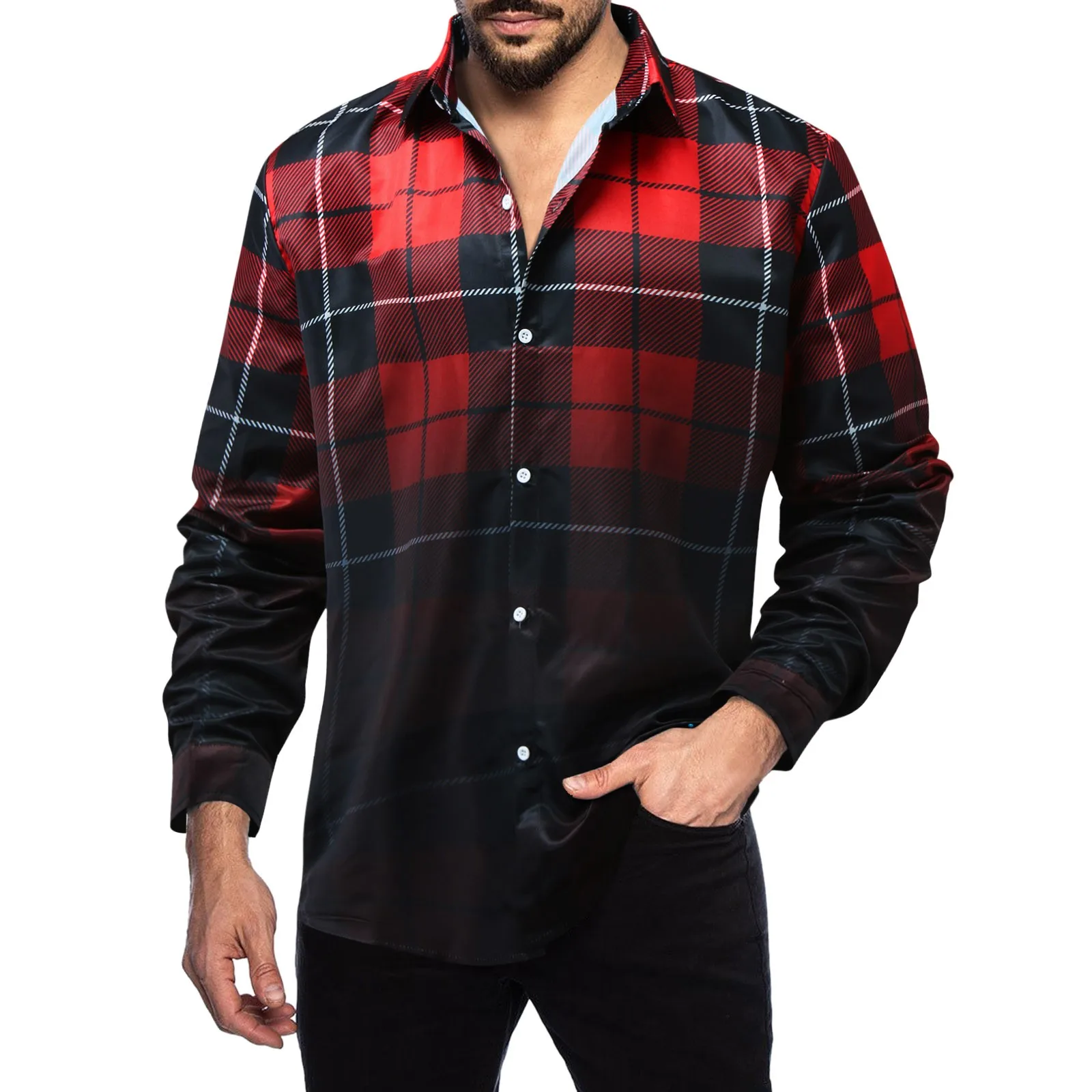 

Men's Casual Button Down Lapel Shirt Men's Gradient Plaid Cardigan Shirt Athletic Compression Long Sleeve