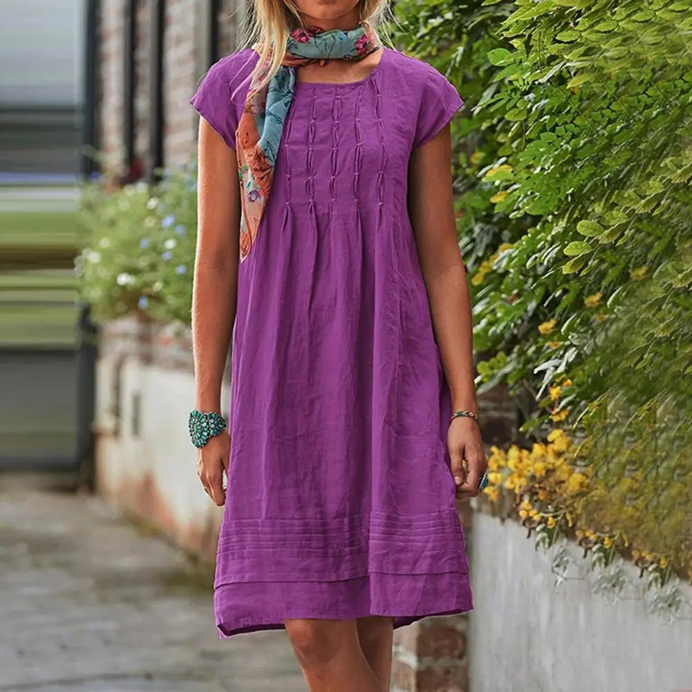 

Vintage Short Sleeve Mid-length Midi DressU-Neck A-line Ladies Dress Solid Color Mid-length Casual Dresses for Daily Wear