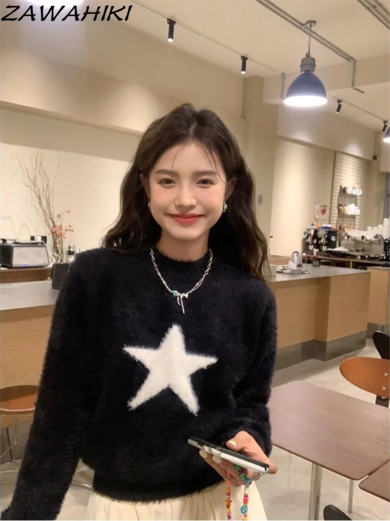 

Черный свитер с круглым вырезом и звездами, модный утепленный свободный Зимний пуловер в стиле ретро с длинными рукавами, вязаный свитер, то...