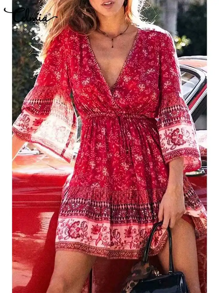 

Женское праздничное мини-платье Celmia, летнее богемное короткое платье с цветочным принтом на талии, Повседневный Сарафан 3/4 с расклешенным р...