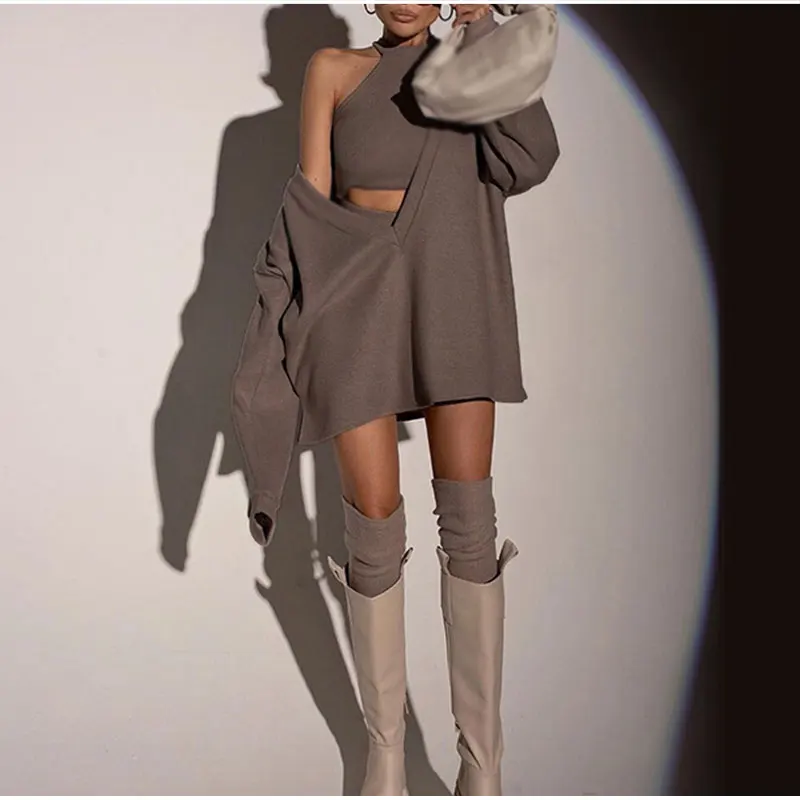 Sexy Knitted Camis 2 Piece Set Women V-neck Long Pullover Sweatshirts Casual Brown Sets Sport Sleeveless Crop Top Hoodies Outfit