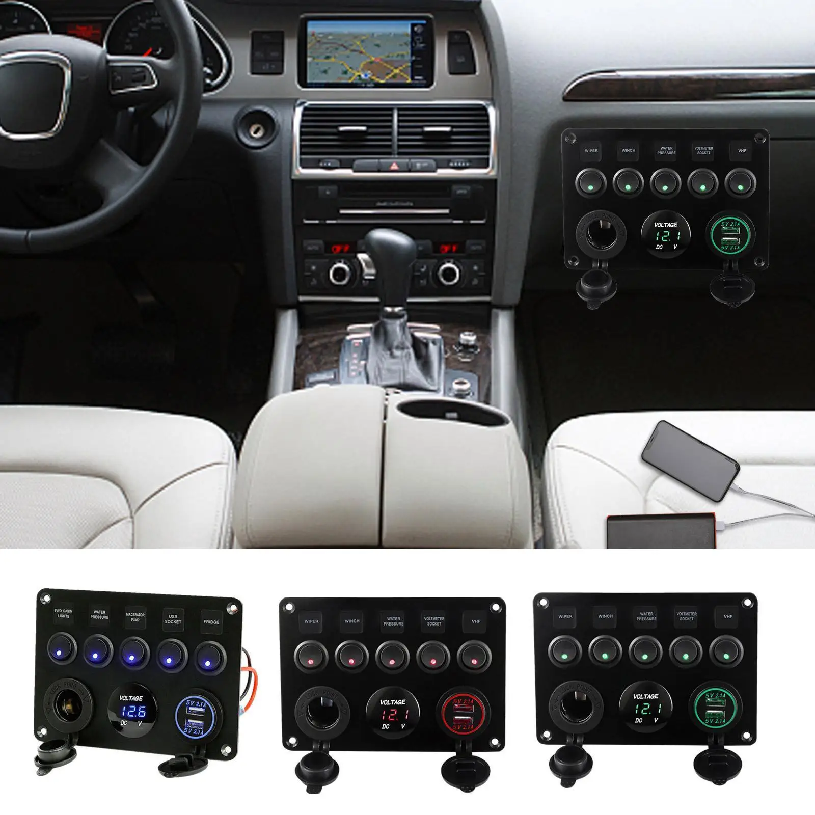 

5 Gang Switch Panel Voltage Display 12v 24v Dual Usb Color On Panel 3 Car Marine Led Switch Off Rocker Rv Led Rocker Boat T Y9z6