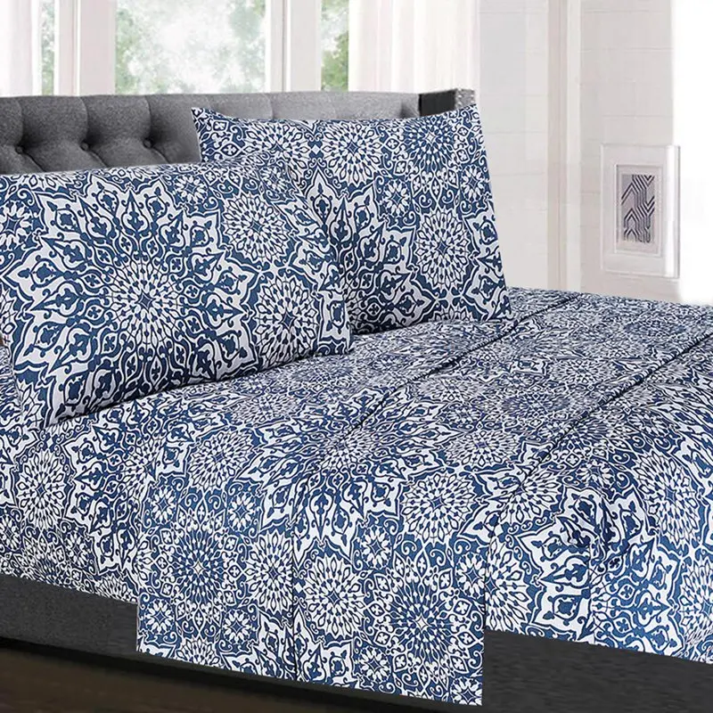 

Collections Contemporary 1800 Thread Count Blue and White and Multi-color Mandala Microfiber Sheet Set Queen, Deep Pocket