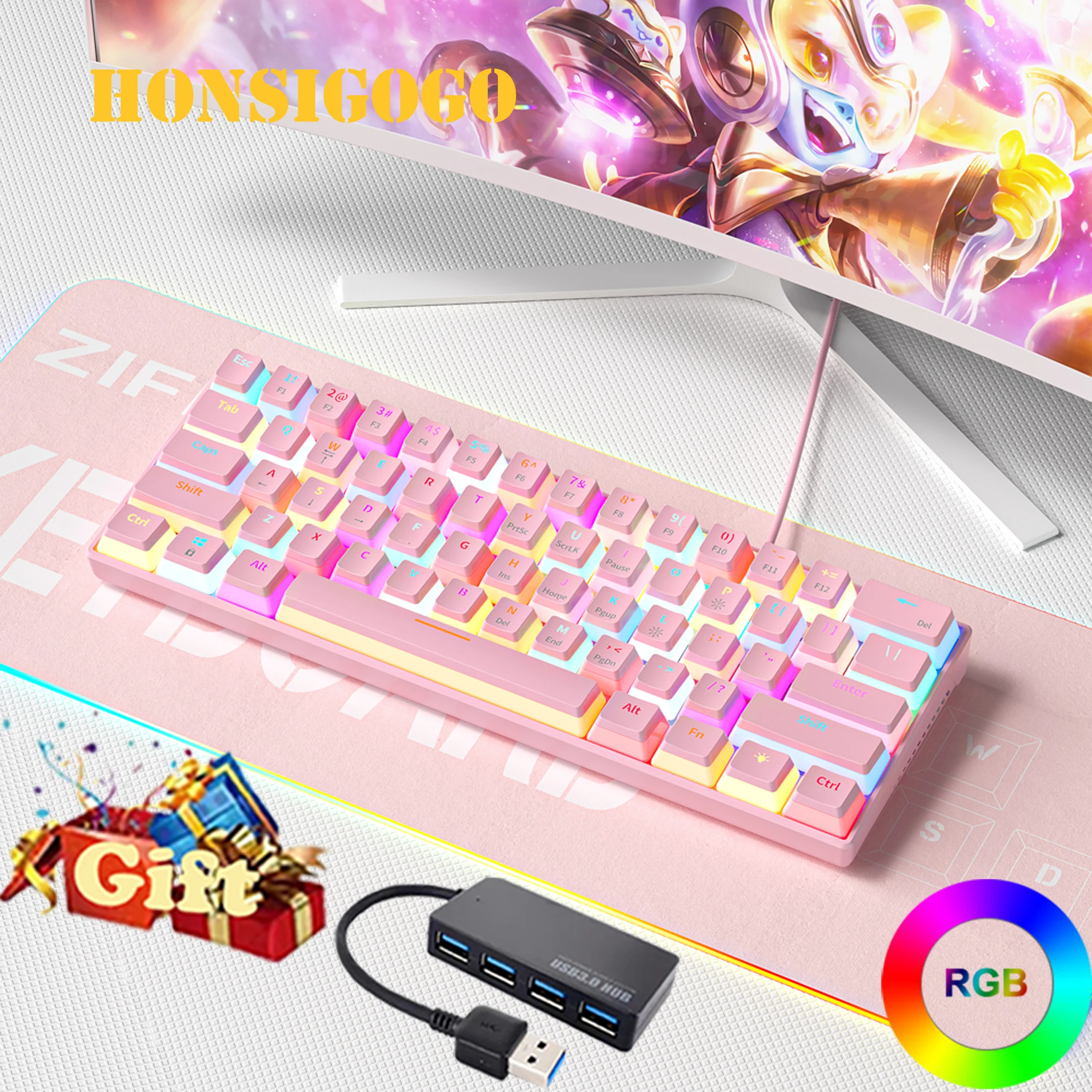ZA616-miniteclado mecánico translúcido para jugadores, teclado con cable RGB retroiluminado para chica, color rosa, 61 teclas, Kawaii
