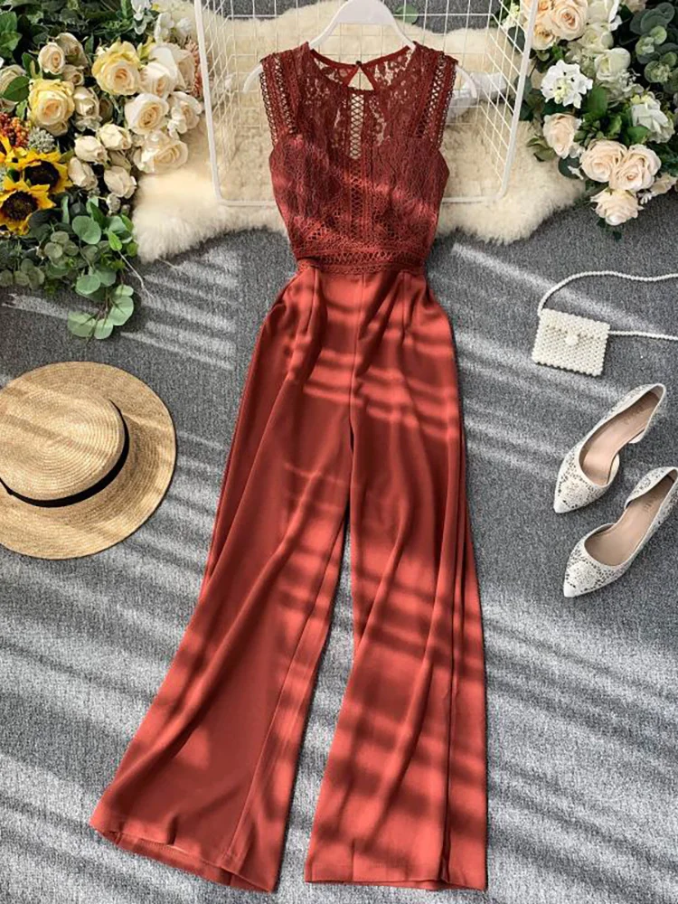 

Autumn Women Hollow Out Lace Romper Female Black/Yellow/Red Round Neck Sleeveless High Waist Patchwork Wide Leg Jumpsuits 2022