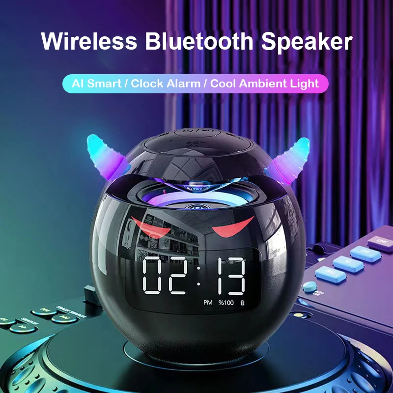 

AI Intelligent Bluetooth Speaker Little Devil Wireless Speaker Clock Dual Alarm Support TF Card FM Radio Soundbar HIFI Music Box