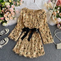 2022 spring and autumn new french ladies temperament round neck slim fur fringed sequin dress goddess fan