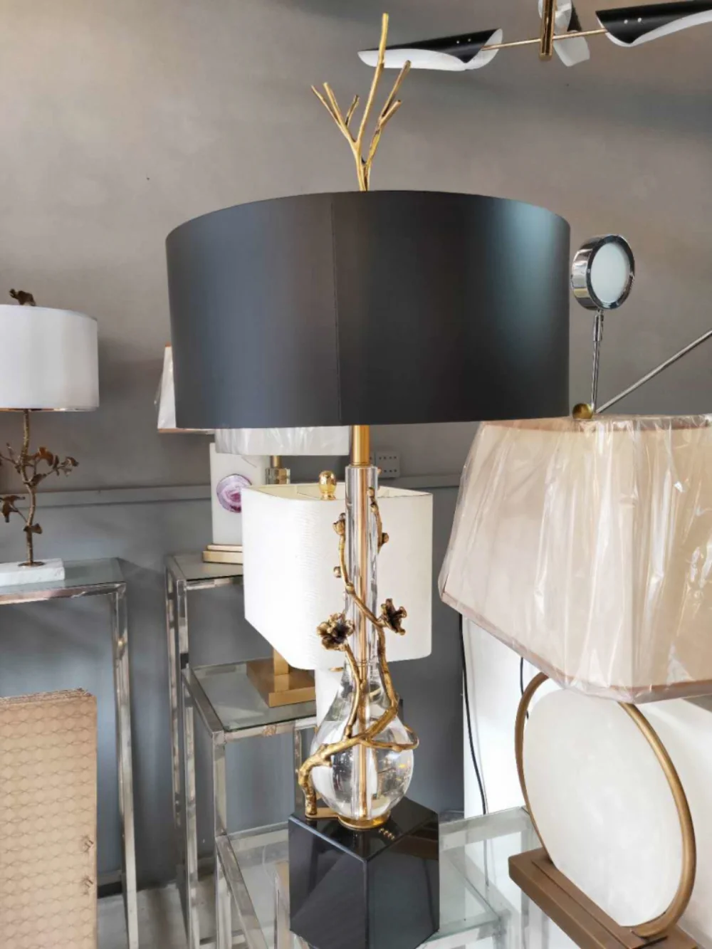 

American table lamp copper crystal marble branch creative table lamp luxury living room bedroom hotel decorative lamp