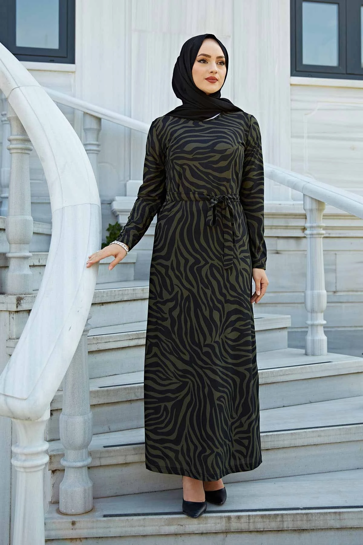 Платье цвета хаки с ремнем и принтом зебры, Осень-зима 2021, женский головной платок, Исламская Турция