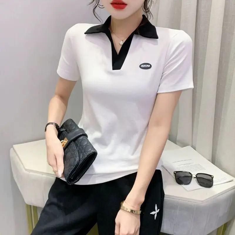 

Women's T Shirts with Sleeves Top Plain Polo Neck Shirt White Clothes Youth Synthetic Cute Trend Y2k Fashion Luxury Cotton Golf
