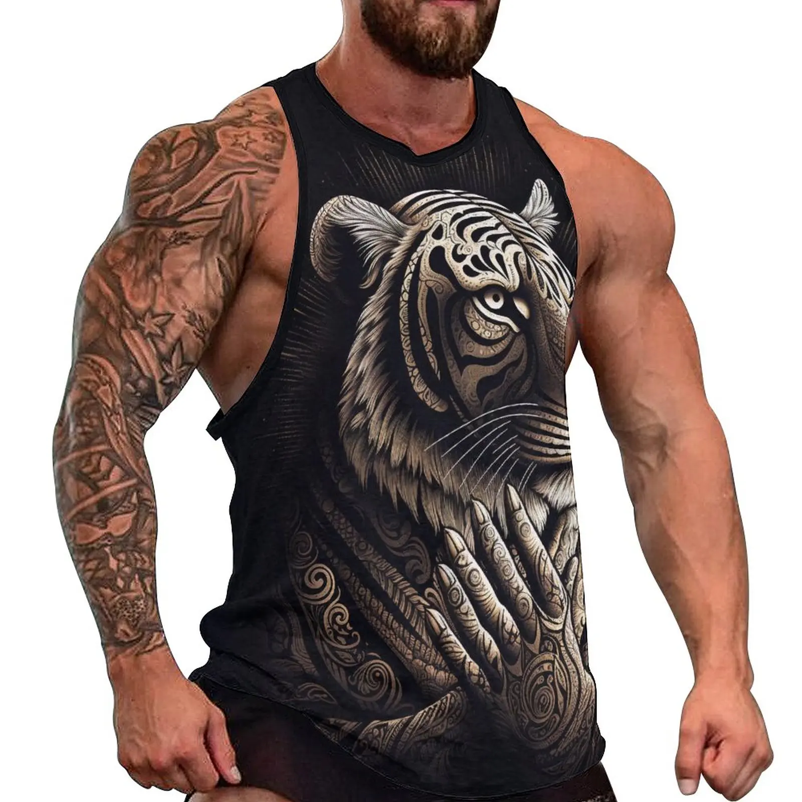 

Tiger Tank Top Man Intricate Lines Art Illustration Bodybuilding Oversized Tops Summer Sportswear Custom Sleeveless Shirts