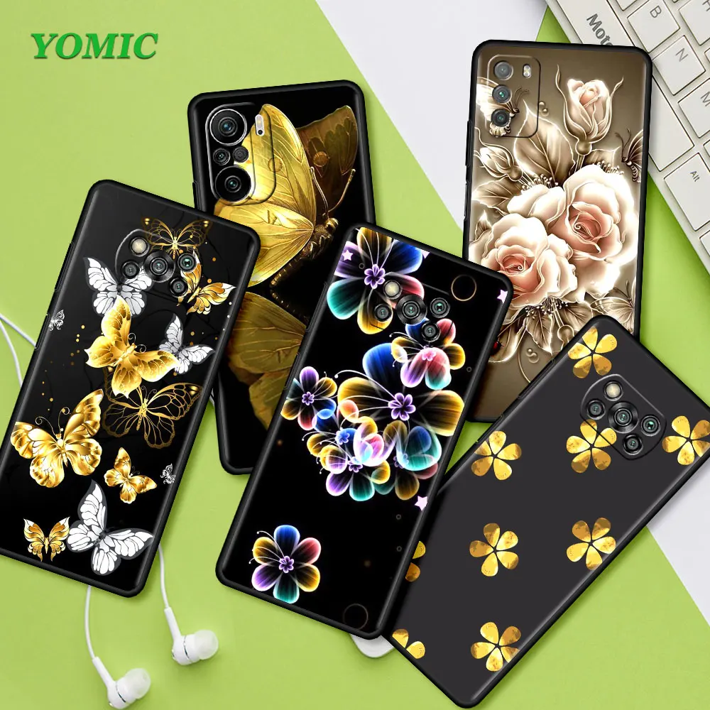 

Gold Flower Butterfly Bags For Xiamo Mi Poco X3 NFC M3 11 Lite 11T 12 10T 9T F3 M4 Pro 5G Note 10 Black Soft Cover Phone Case