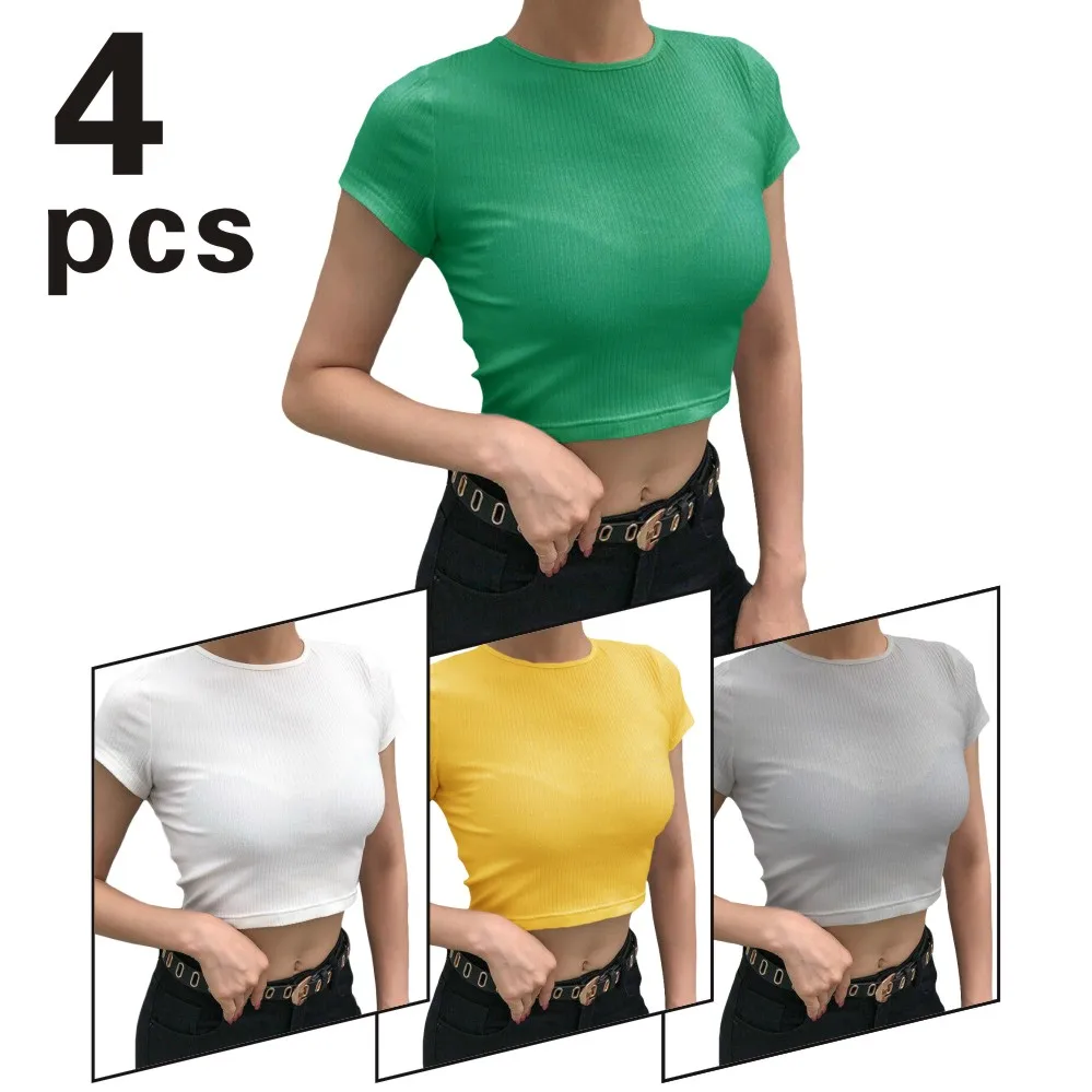 

Майка женская трикотажная из четырех предметов, белый укороченный топ с круглым вырезом и коротким рукавом, Повседневная Базовая пикантная...