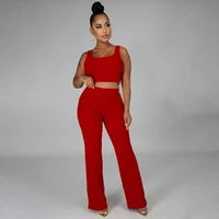 ribbed knitted womens tracksuit 2 piece set sleeveless skinny stretchy vestflare leggings sporty matching streetwear outfits