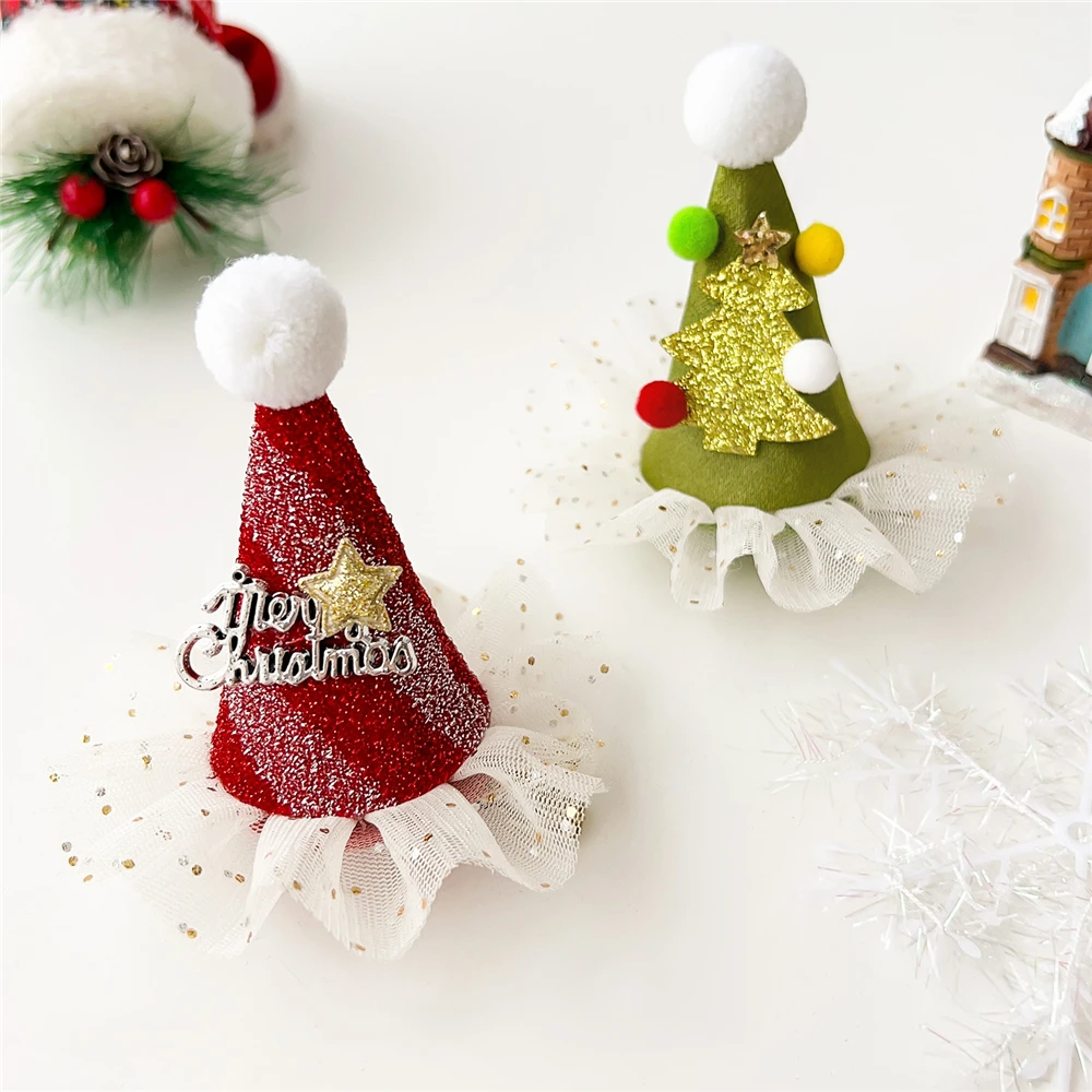 Christmas Festival Bow Hairpin Cute Fabric Hat Side Clip Bangs Hair Accessory Hairpin，Christmas hair clip |