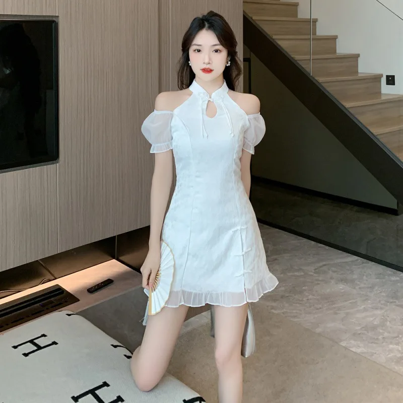 

Новинка лета 2023, милый китайский винтажный модифицированный чонсам, приталенное платье с оборками и открытыми плечами