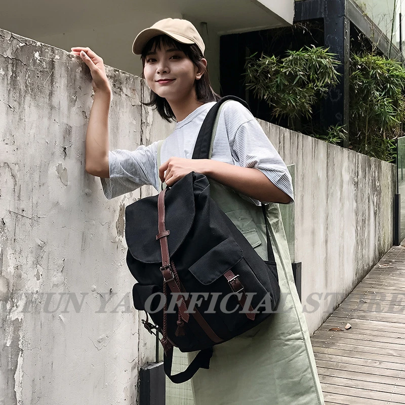 CFUN YA Summer Trend Teen School Bag Backpack For Girls Boy College Bookbags Middle Student Schoolbag Large Black Canvas Bagpack