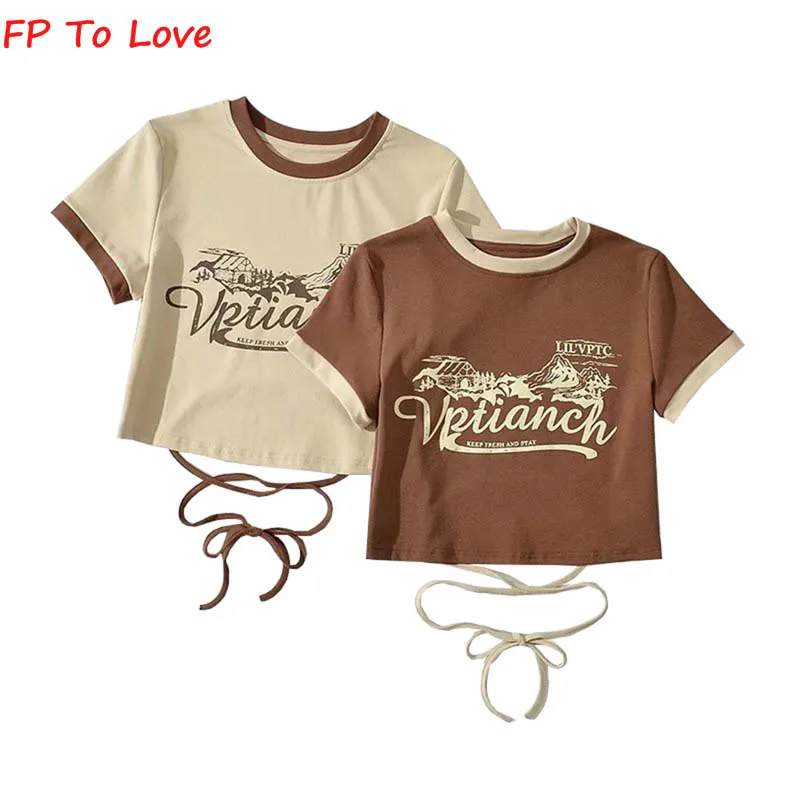 

FP TO LOVE Vintage Apricot Print Short Sleeve Women's Summer 2022 Backless Tie Chic Top Brown Sexy Slim Fit Tee