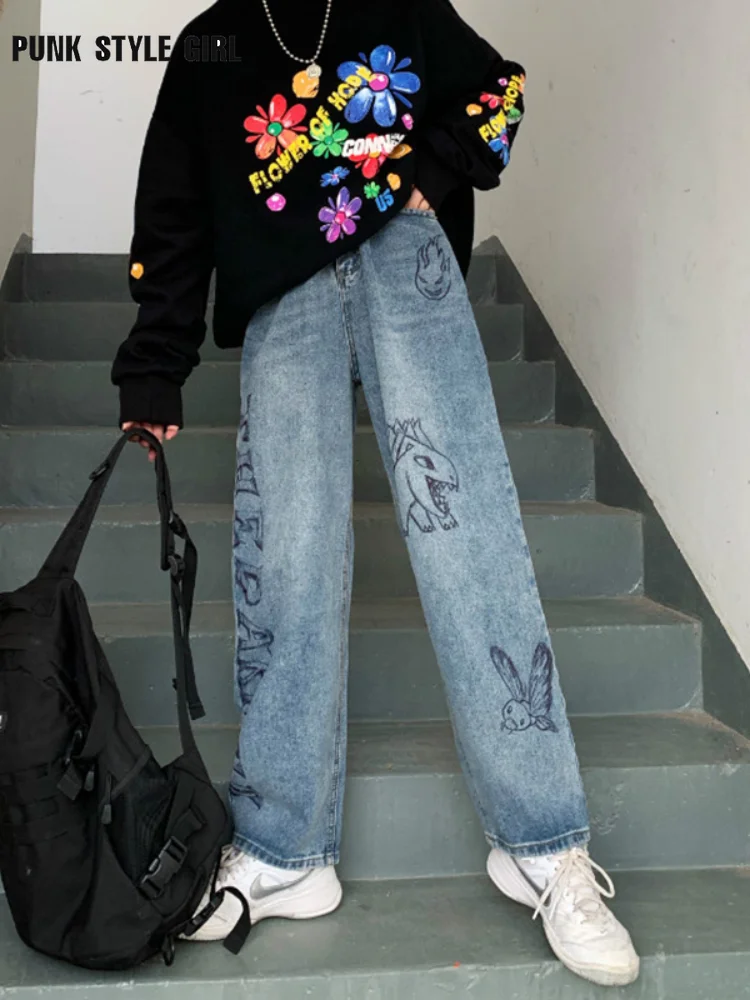 

Kawaii Y2k Cartoon Jeans E Girl Korean Hip-hop Straight Blue Cargo Pants Loose High Waisted Emo Alt Baggy Graffiti Trousers BF