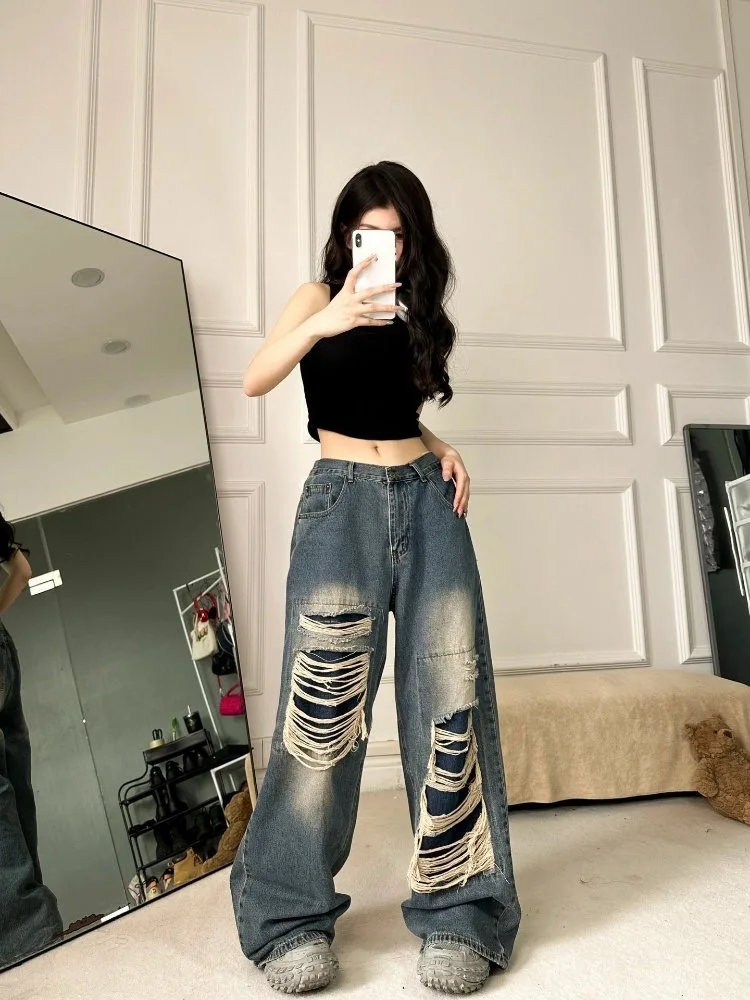 ADAgirl Blue Vintage Ripped Jeans for Women Streetwear Loose Hip Hop Straight Wide Leg Denim Trousers Y2k Causal Pants Harajuku