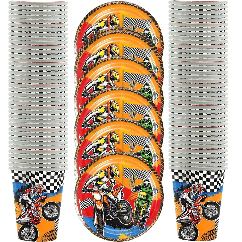 

60pcs/lot Motorcycle Games Theme Tableware Set Happy Birthday Party Plates Cups Dishes Decoration Baby Shower Events Supplies