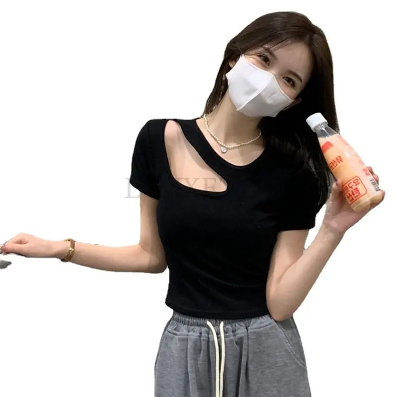 

Y2K Sexy T-shirt Women Summer Hollow Out Tee Shirt Femme Solid Hole Short Sleeve Skinny Tshirt Clothes Woman Vintage Tops