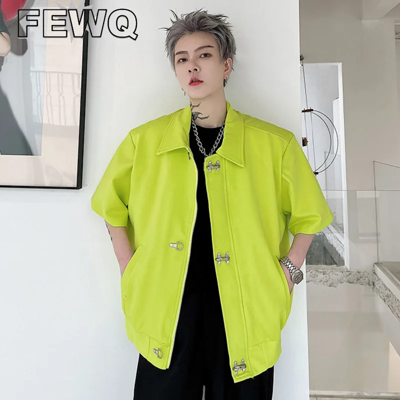 

FEWQ Trendy Men's Short Sleeve Jacket Metal Button Decoration Male Loose Solid Color Shirt Niche Design Top Streetwear 9A7903