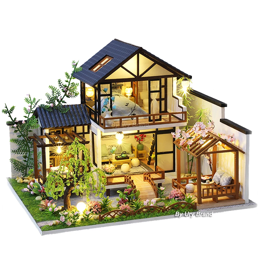 

3D Wooden LED Dollhouse DIY Kit Chinese Style Architecture Japanese Miniature Furniture Model Home Decoration Toy Birthday Gifts