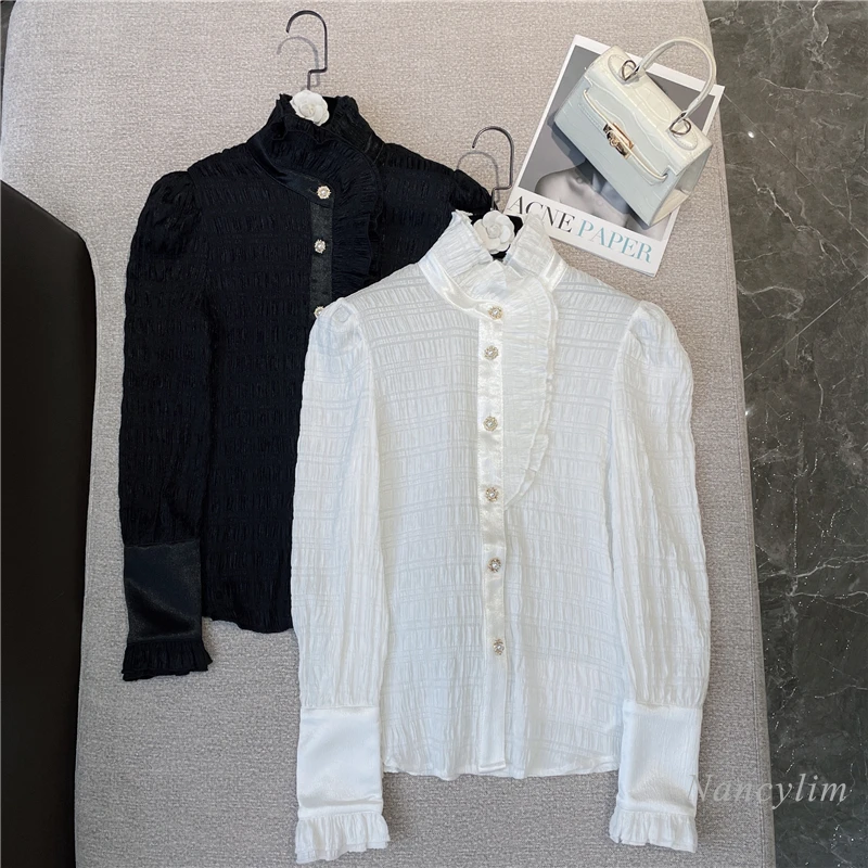 

Элегантные рубашки с воротником с оборками для женщин, новинка весны 2022, плиссированная блузка в стиле ретро с длинным рукавом и складками, ...